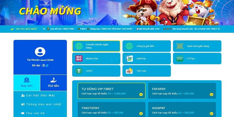 Hướng dẫn nạp tiền F8bet qua nhiều phương thức